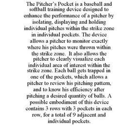 THE PITCHER'S POCKET IS A BASEBALL AND SOFTBALL TRAINING DEVICE DESIGNED TO ENHANCE THE PERFORMANCE OF A PITCHER BY ISOLATING, DISPLAYING AND HOLDING INDIVIDUAL PITCHES WITHIN THE STRIKE ZONE IN INDIVIDUAL POCKETS. THE DEVICE ALLOWS A PITCHER TO MONITOR EXACTLY WHERE HIS PITCHES WERE THROWN WITHIN THE STRIKE ZONE. IT ALSO ALLOWS THE PITCHER TO CLEARLY VISUALIZE EACH INDIVIDUAL AREA OF INTEREST WIT trademark