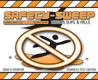 SAFETY-SWEEP REMOVES GREASE & OIL RESTORES FRICTION REDUCES SLIPS & FALLS ODOR ELIMINATOR ENHANCES PEST CONTROL trademark