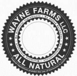 WAYNE FARMS LLC ALL NATURAL NO ARTIFICIAL INGREDIENTS NO ADDED HORMONES NO PRESERVATIVES MINIMALLY PROCESSED FEDERAL REGULATIONS PROHIBIT THE USE OF HORMONES IN POULTRY trademark