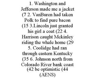 1. WASHINGTON AND JEFFERSON MADE ME A JACKET (7 2. VANBUREN HAD TAKEN POLK TO FIND PURE BACON (15 3.LINCOLN JUST GRANTED HIS GIRL A COAT (22 4. HARRISON CAUGHT MCKINLEY RIDING THE WHALE HOME (29 5. COOLIDGE HAD RAN THROUGH EASTERN KENTUCKY (35 6. JOHNSON NORTH FROM COLORADO RIVER BANK COAST (42 BE OPTIMISTIC (44 (AENS) trademark