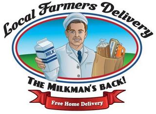 LOCAL FARMERS DELIVERY THE MILKMAN'S BACK! FREE HOME DELIVERY trademark