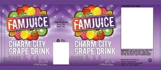 FAMJUICE KEEP REFRIGERATED. SHAKE WELL.SERVE COLD, CHARM CITY GRAPE DRINK trademark