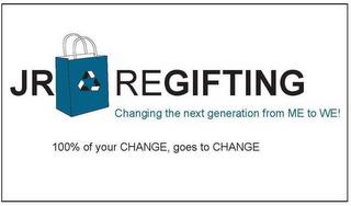 JR REGIFTING CHANGING THE NEXT GENERATION FROM ME TO WE; 100% OF YOUR CHANGE GOES TO CHANGE trademark