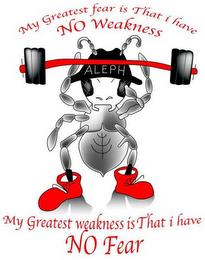 MY GREATEST FEAR IS THAT I HAVE NO WEAKNESS ALEPH MY GREATEST WEAKNESS IS THAT I HAVE NO FEAR trademark