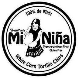 100% DE MAIZ TORTILLERIA MI NIÑA PRESERVATIVE FREE GLUTEN FREE WHITE CORN TORTILLA CHIPS trademark