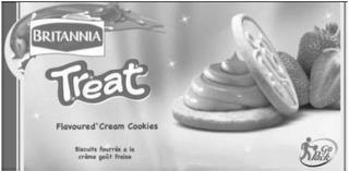 TREAT BRITANNIA FLAVOURED CREAM COOKIESBISCUITS FOURRES A LA CREME GOUT FRAISE GO PACK trademark