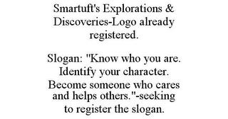 SMARTUFT'S EXPLORATIONS & DISCOVERIES-LOGO ALREADY REGISTERED. SLOGAN: "KNOW WHO YOU ARE. IDENTIFY YOUR CHARACTER. BECOME SOMEONE WHO CARES AND HELPS OTHERS."-SEEKING TO REGISTER THE SLOGAN. trademark