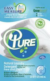 EASY MEASURE ...WHERE ECO-FRIENDLY MEETS ECO-NOMICAL TOGETHER WE CAN GROW  NEPAL NO SLS NO GMO'S MADE WITH NATURAL INGREDIENTS ECO-NOMICALPURE NATURAL LAUNDRY DETERGENT MADE WITH ORGANIC SOAP BERRIES AND ALOE VERA FREE AND CLEAR HYPO-ALLERGENIC FREE OF SYNTHETIC DYES & PERFUMES SAFE FOR THE ENVIRONMENT FOR ALL MACHINES INCLUDING HE 64 LOADS 8X CONCENTRATE 32 OZ (1QT) 946 ML trademark