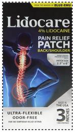 FROM THE MAKERS OF BLUE-EMU LIDOCARE 4%LIDOCAINE PAIN RELIEF PATCH BACK/SHOULDER PATENT PENDING PRESSURE ADHESIVE PATCH PATCH SIZE 2.5" X 6" MADE IN THE USA ULTRA-FLEXIBLE ODOR-FREE FOR THE TEMPORARY RELIEF OF PAIN 3 PATCHES 1 PATCH PER POUCH trademark