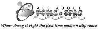 ALL ABOUT POOLS & SPAS WHERE DOING IT RIGHT THE FIRST TIME MAKES A DIFFERENCEGHT THE FIRST TIME MAKES A DIFFERENCE trademark