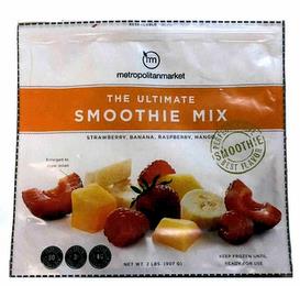 M METROPOLITANMARKET THE ULTIMATE SMOOTHIE MIX STRAWBERRY, BANANA, RASPBERRY, MANGO PERFECTLY RIPE BEST FLAVOR SMOOTHIE ENLARGED TO SHOW DETAIL, CALORIES 80 PER 1 CUP SERVING POTASSIUM 8% 300MG PER CUP DIETARY FIBER 4G PER 1 CUP SERVING NET WT. 2 LBS. (907 G) KEEP FROZEN UNTIL READY FOR USE trademark