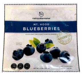 M METROPOLITANMARKET MT. HOOD BLUEBERRIES EXCELLENT FOR EVERYTHING BLUEBERRY PERFECTLY RIPE BEST FLAVOR NORTHWEST ENLARGED TO SHOW DETAIL, CALORIES 70 PER 1 CUP SERVING SODIUM 0G NATURALLY DIETARY FIBER 4G PER 1 CUP SERVING NET WT. 2 LBS. (907 G) KEEP FROZEN UNTIL READY FOR USE trademark