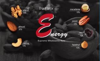 TRAIL MIX ENERGY SUPREME WHOLESOME NUTS WALNUT 15% ALMOND 30% CASHEW 15% MACADAMIA 10% PECAN 10% RAISIN 10% HAZELNUT 10% trademark