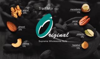 TRAIL MIX ORIGINAL SUPREME WHOLESOME NUTS WALNUT 20% ALMOND 25% CASHEW 15% MACADAMIA 10% PECAN 10% PISTACHIO 10% HAZELNUT 10% trademark