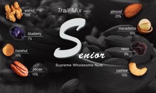 TRAIL MIX SENIOR SUPREME WHOLESOME NUTS WALNUT 15% BLUEBERRY 7% HAZELNUT 10% PECAN 10% ALMOND 25% MACADAMIA 10% RAISIN 8% CASHEW 15% trademark