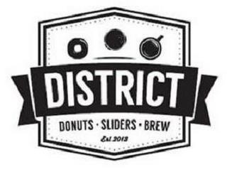 DISTRICT · DONUTS SLIDERS · BREW  EST 2013 trademark