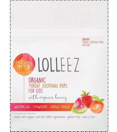 LOLLEEZ DON'T WORRY I'M FLAT ORGANIC THROAT SOOTHING POPS FOR KIDS WITH ORGANIC HONEY WATERMELON STRAWBERRY ORANGE MANGO MADE WITH ORGANIC AND NON-GMO INGREDIENTS · GLUTEN FREE · WORRY FREE trademark