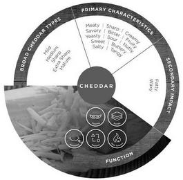 CHEDDAR BROAD TYPES PRIMARY CHARACTERISTICS SECONDARY IMPACT FUNCTION MILD MEDIUM SHARP EXTRA MATURE MEATY CREAMY SAVORY BITTER FRUITY YEASTY SOUR NUTTY SWEET BUTTERY SALTY TANGY FATTY WAXY MASKING BUILDER MOUTHFEEL REPLACER HEAT TOLERANT trademark