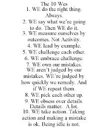 THE 10 WES 1. WE DO THE RIGHT THING. ALWAYS. 2. WE SAY WHAT WE'RE GOING TO DO. THEN WE DO IT. 3. WE MEASURE OURSELVES BY OUTCOMES. NOT ACTIVITY. 4. WE LEAD BY EXAMPLE. 5. WE CHALLENGE EACH OTHER. 6. WE EMBRACE CHALLENGE. 7. WE OWN OUR MISTAKES. WE AREN'T JUDGED BY OUR MISTAKES. WE'RE JUDGED BY HOW QUICKLY WE REMEDY. AND IF WE REPEAT THEM. 8. WE PICK EACH OTHER UP. 9. WE OBSESS OVER DETAILS. DETAIL trademark