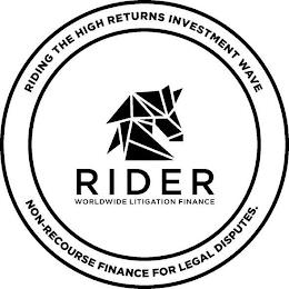 RIDER RIDING THE HIGH RETURNS INVESTMENTRECOURSE FINANCE FOR LEGAL DISPUTES trademark