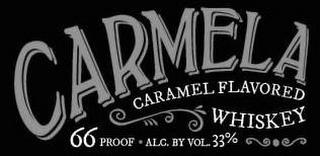 CARMELA WHISKEY CARAMEL FLAVORED 66 PROOF · ALC. BY VOL. 33% trademark