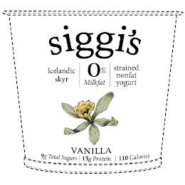 SIGGI'S ICELANDIC SKYR 0% MILKFAT STRAINED NONFAT YOGURT VANILLA 9G TOTAL SUGARS 15G PROTEIN 110 CALORIES trademark