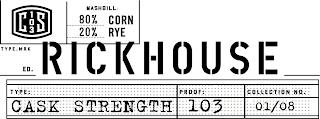 C 103 S MASHBILL: 80% CORN 20% RYE TYPE.MARK ED RICKHOUSE TYPE: PROOF: COLLECTION NO. CASK STRENGTH 103 01/08 trademark