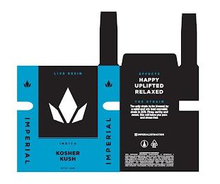 "LIVE RESIN", "INDICA", "KOSHER KUSH", "NET WT. 1 GRAM", "IMPERIAL", "EFFECTS", "HAPPY UPLIFTED RELAXED", "THE STRAIN", "THE ONLY STRAIN TO BE BLESSED BY A RABBI AND WIN BEST CANNABIS STRAIN IN 2011. PINEY, EARTH AND SWEET, THIS WILL LEAVE YOU PAIN AND STRESS FREE.", "IMPERIAL EXTRACTION", "ALWAYS LAB TESTED", "CA", GOVERNMENT WARNING: THIS PACKAGE CONTAINS MARIJUNA, A SCHEDULE I CONTROLLED SUBSTA trademark