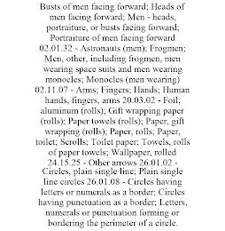 BUSTS OF MEN FACING FORWARD; HEADS OF MEN FACING FORWARD; MEN - HEADS, PORTRAITURE, OR BUSTS FACING FORWARD; PORTRAITURE OF MEN FACING FORWARD 02.01.32 - ASTRONAUTS (MEN); FROGMEN; MEN, OTHER, INCLUDING FROGMEN, MEN WEARING SPACE SUITS AND MEN WEARING MONOCLES; MONOCLES (MEN WEARING) 02.11.07 - ARMS; FINGERS; HANDS; HUMAN HANDS, FINGERS, ARMS 20.03.02 - FOIL, ALUMINUM (ROLLS); GIFT WRAPPING PAPER  trademark