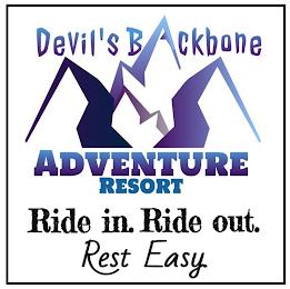 DEVIL'S BACKBONE ADVENTURE RESORT, RIDE IN. RIDE OUT. REST EASY trademark