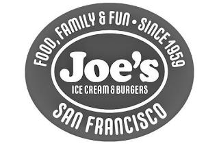 FOOD, FAMILY AND FUN · SINCE 1959 JOE'S ICE CREAM & BURGERS SAN FRANCISCO trademark