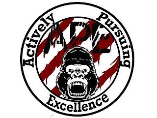 ACTIVELY PURSUING EXCELLENCE, APE, ROARING APE, FOUR STRIPE MARKS, TWO CIRCLES. trademark