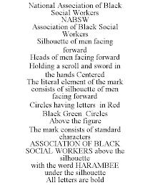 NATIONAL ASSOCIATION OF BLACK SOCIAL WORKERS NABSW ASSOCIATION OF BLACK SOCIAL WORKERS SILHOUETTE OF MEN FACING FORWARD HEADS OF MEN FACING FORWARD HOLDING A SCROLL AND SWORD IN THE HANDS CENTERED THE LITERAL ELEMENT OF THE MARK CONSISTS OF SILHOUETTE OF MEN FACING FORWARD CIRCLES HAVING LETTERS IN RED BLACK GREEN CIRCLES ABOVE THE FIGURE THE MARK CONSISTS OF STANDARD CHARACTERS ASSOCIATION OF BLA trademark