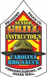 RELOADED SAUCE CO. FREDERICKSBURG, VA SHAKE WELL SENIOR GRILL INSTRUCTOR'S CAROLINA BBQ SAUCE trademark