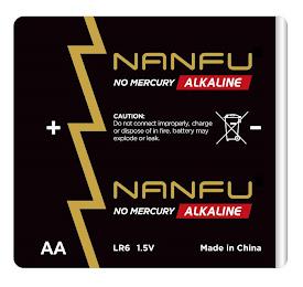 NANFU NO MERCURY ALKALINE CAUTION: DO NOT CONNECT IMPROPERLY, CHARGE OR DISPOSE OF IN FIRE, BATTERY MAY EXPLODE OR LEAK. NANFU NO MERCURY ALKALINE AA LR6 1.5V MADE IN CHINA + - trademark