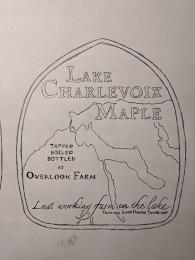 LAKE CHARLEVOIX MAPLE TAPPED BOILED BOTTLED AT OVERLOOK FARM LAST WORKING FARM ON THE LAKE FROM 1934 IRENE HARSHA YOUME MAP trademark