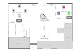 DIGITAL DEVICES CHECKOUT  CASHIERS VR CUBE ROOM CHECKOUT DESIGN / PROJECT MGT SPACE COPIER ROOM STORAGE ROOM SECURITY GATE CUSTOMER SERVICE RECEIVING / DELIVERY SALES / MARKETING OFFICE GENERAL MANAGER BREAK ROOM RESTROOMS trademark