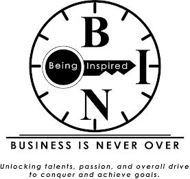 BINO BEING INSPIRED BUSINESS IS NEVER OVER UNLOCKING TALENTS, PASSION, AND OVERALL DRIVE TO CONQUER AND ACHIEVE GOALS. trademark