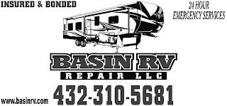 INSURED & BONDED 24 HOUR EMERGENCY SERVICES WWW.BASINRV.COM BASIN RV REPAIR LLC 432-310-5681 trademark