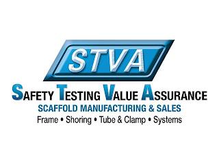 STVA SAFETY TESTING VALUE ASSURANCE SCAFFOLD MANUFACTURING & SALES FRAME · SHORING · TUBE & CLAMP · SYSTEMS trademark