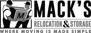 M MACK'S RELOCATION & STORAGE WHERE MOVING IS MADE SIMPLE trademark