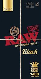 RAW NATURAL UNREFINED ROLLING PAPERS BLACK CONE AUTHENTIC PUREST NATURAL FIBERS UNREFINED CLASSIC THUMPER 100 & KNOCKBOX COMPATIBLE GUARANTEED 1400 PER BOX KING SIZE WWW.RAWTHENTIC.COM trademark