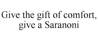 GIVE THE GIFT OF COMFORT, GIVE A SARANONI trademark