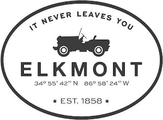 IT NEVER LEAVES YOU ELKMONT 34° 55' 42" N 86° 58' 24" W EST. 1858 trademark