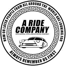 NOW OR LATER PEOPLE FROM ALL AROUND THE WORLD ARE LOOKING FOR A RIDE COMPANY RESOURCEFUL. INTELLIGENCE DRIVEN. EVERYDAY. ALWAYS REMEMBER US FIRST trademark