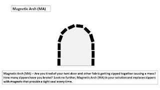 MAGNETIC ARCH (MA) MAGNETIC ARCH (MA) - ARE YOU TIRED OF YOUR TENT DOOR AND OTHER FABRIC GETTING ZIPPED TOGETHER CAUSING A MESS? HOW MANY ZIPPERS HAVE YOU BROKE? LOOK NO FURTHER, MAGNETIC ARCH (MA) IS YOUR SOLUTION AND REPLACES ZIPPERS WITH MAGNETS THAT PROVIDE A TIGHT SEAL EVERY TIME.ARE YOU TIRED OF YOUR TENT DOOR AND OTHER FABRIC GETTING ZIPPED TOGETHER CAUSING A MESS? HOW MANY ZIPPERS HAVE YOU trademark