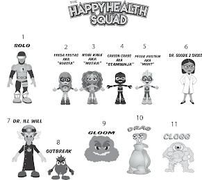 THE HAPPYHEALTH SQUAD 1 SOLO 2 FREDA FRUTAS AKA "BOOSTA" 3 KOBI KALE AKA "NUTRA" 4 CARSON CARBS, AKA "STAMININJA" 5 PETER PROTEIN AKA "MIGHT" 6 DR. GOODIE 2 SHOES 7 DR. ILL WILL 8 OUTBREAK 9 GLOOM 10 DRAG 11 CLOGG trademark