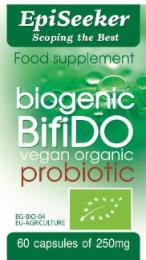 EPISEEKER SCOPING THE BEST FOOD SUPPLEMENT BIOGENIC BIFIDO VEGAN ORGANIC PROBIOTIC BG-BIO-04 EU-AGRICULTURE 60 CAPSULES OF 250MG trademark