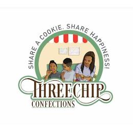 SHARE A COOKIE. SHARE HAPPINESS! THREE CHIP CONFECTIONS trademark