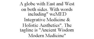 A GLOBE WITH EAST AND WEST ON BOTH SIDES. WITH WORDS INCLUDING" WEMED INTEGRATIVE MEDICINE & HOLISTIC AESTHETICS". THE TAGLINE IS "ANCIENT WISDOM MODERN MEDICINE" trademark